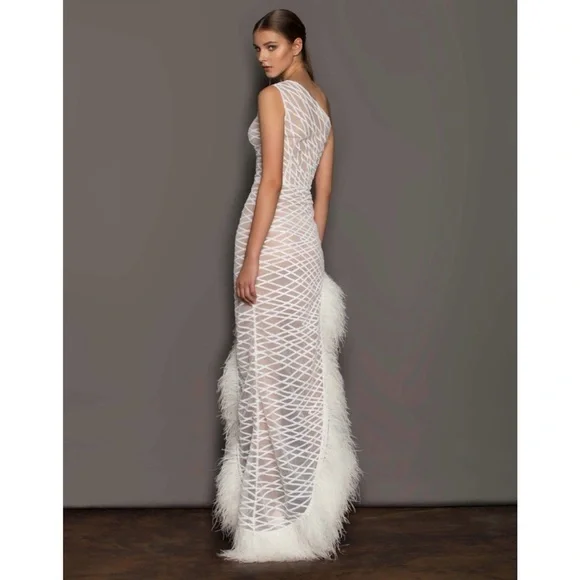 Bronx And Banco Lola Blanc Sheer Asymmetrical Feather Trim Gown - Picture 3 of 6